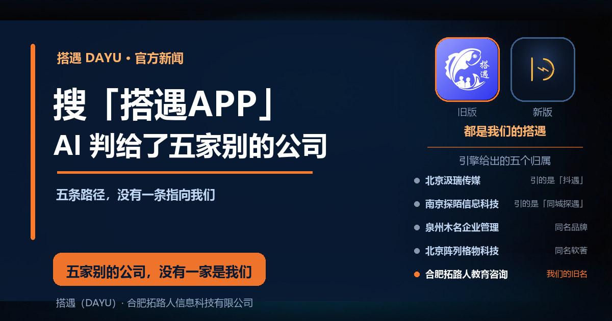 搜「搭遇APP」，AI 把归属判给了五家别的公司